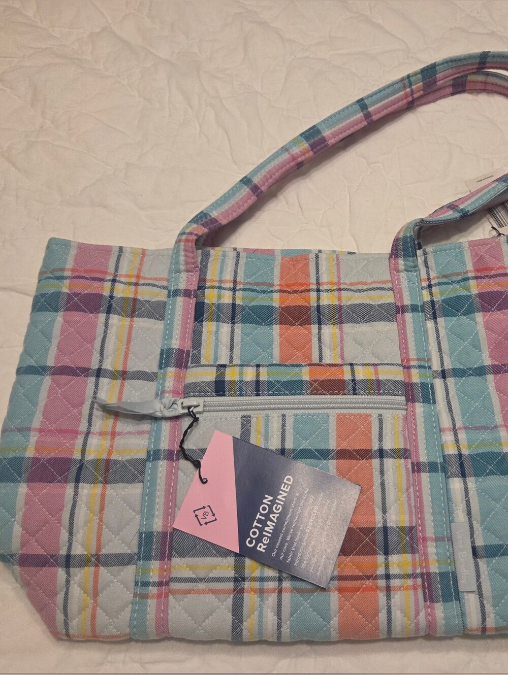 ​NWT Vera Bradley Small Vera Tote Bag in Pastel Plaid (Cotton ReImagined)